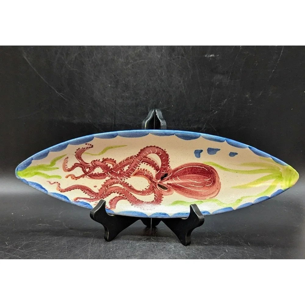 Vintage Hand Painted Italian Pottery Octopus Celery Relish Dish Signed Caruso